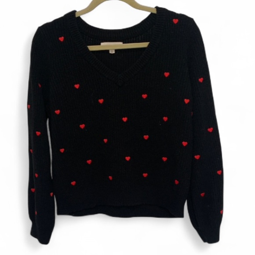 Lucky Brand Black V-Neck Sweater with Red Heart Embroidery
